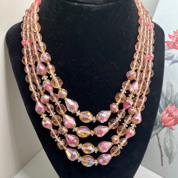 Germany Four Strand Peach & Pink All Glass Necklace - Picture 3 of 5